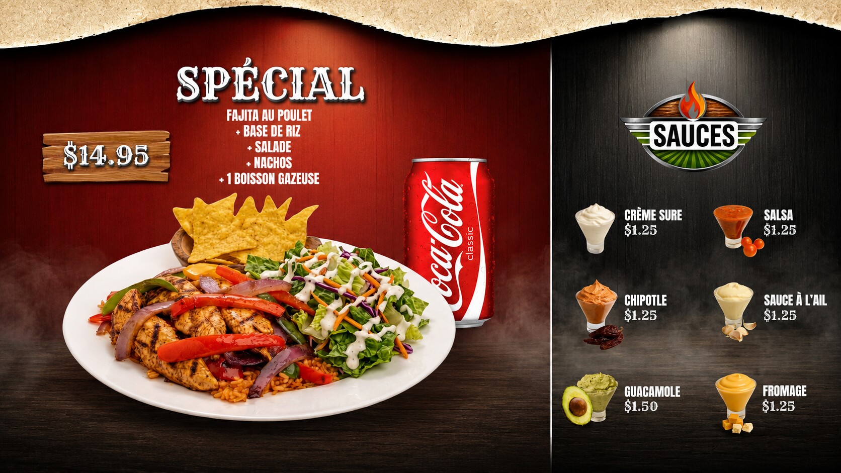 Menu Cali West : spécial fajita et sélection de sauces avec prix